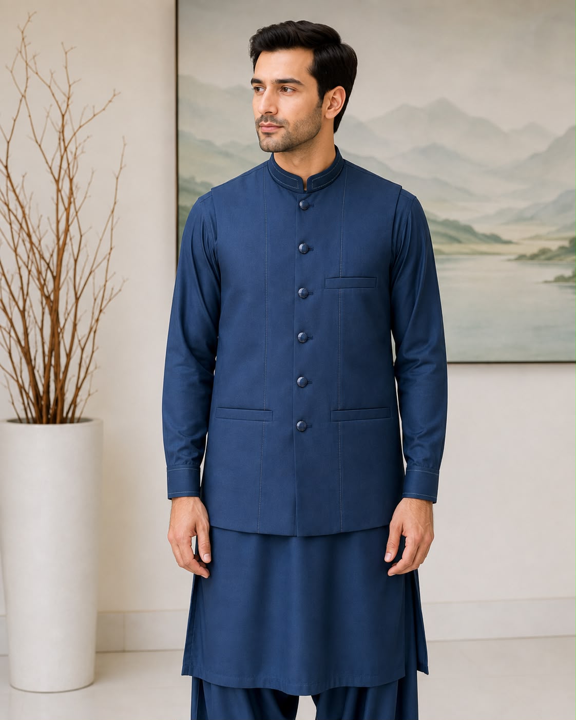 Royal Blue Kameez Shalwar with Waist Coat