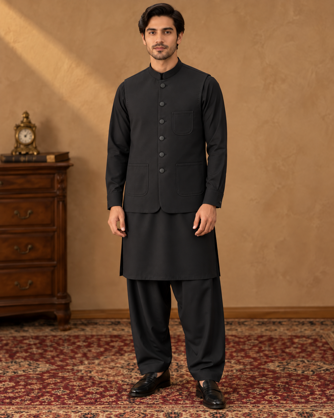 Black Kameez Shalwar with Waist Coat