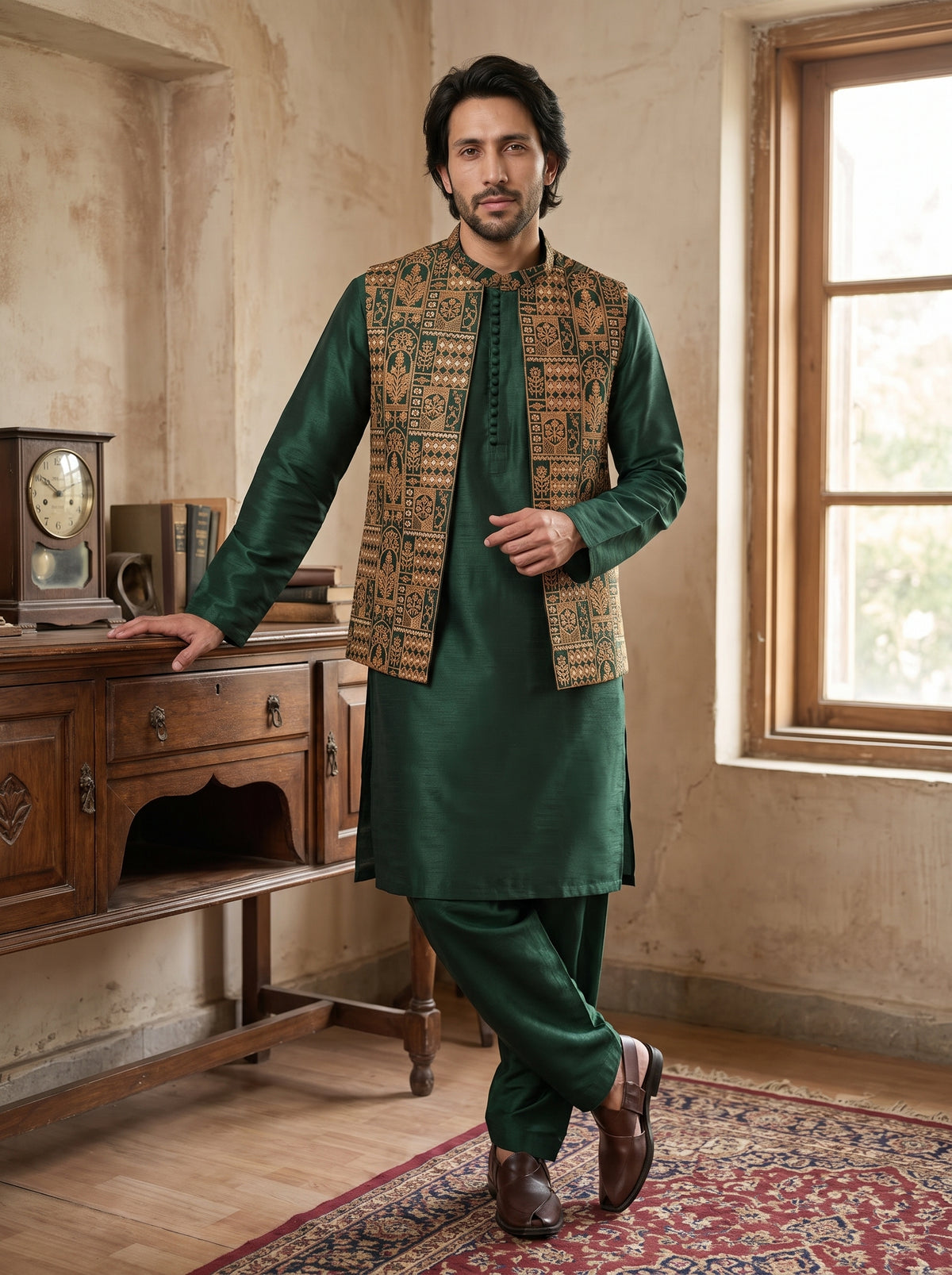 Fancy Green Double Tone Kurta Pajama with Waistcoat