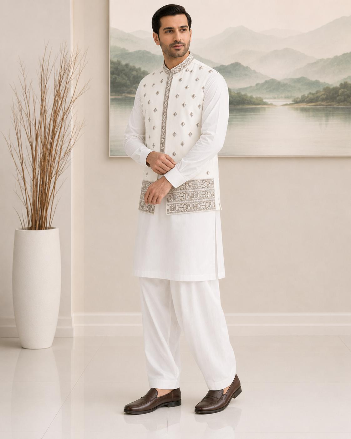 White Kameez Shalwar with Waist Coat