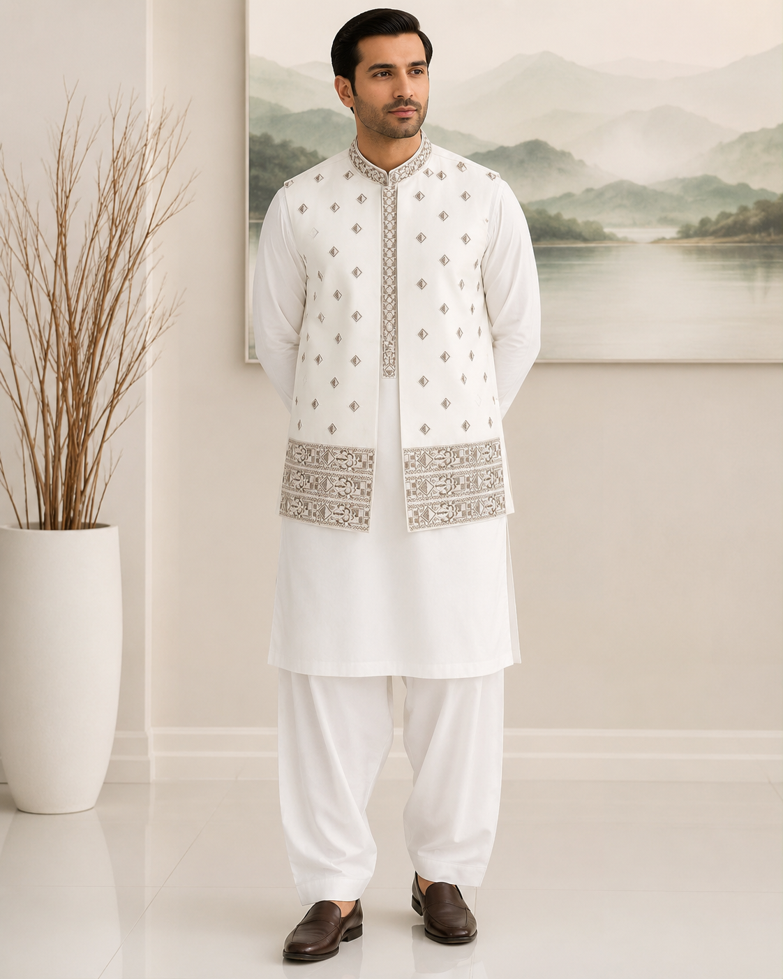 White Kameez Shalwar with Waist Coat