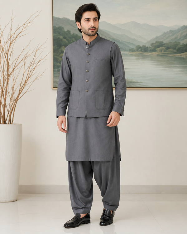 Grey Kameez Shalwar with Waist Coat