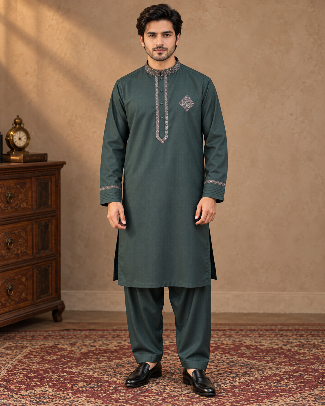 Forest Green Wash and Wear Kameez Shalwar