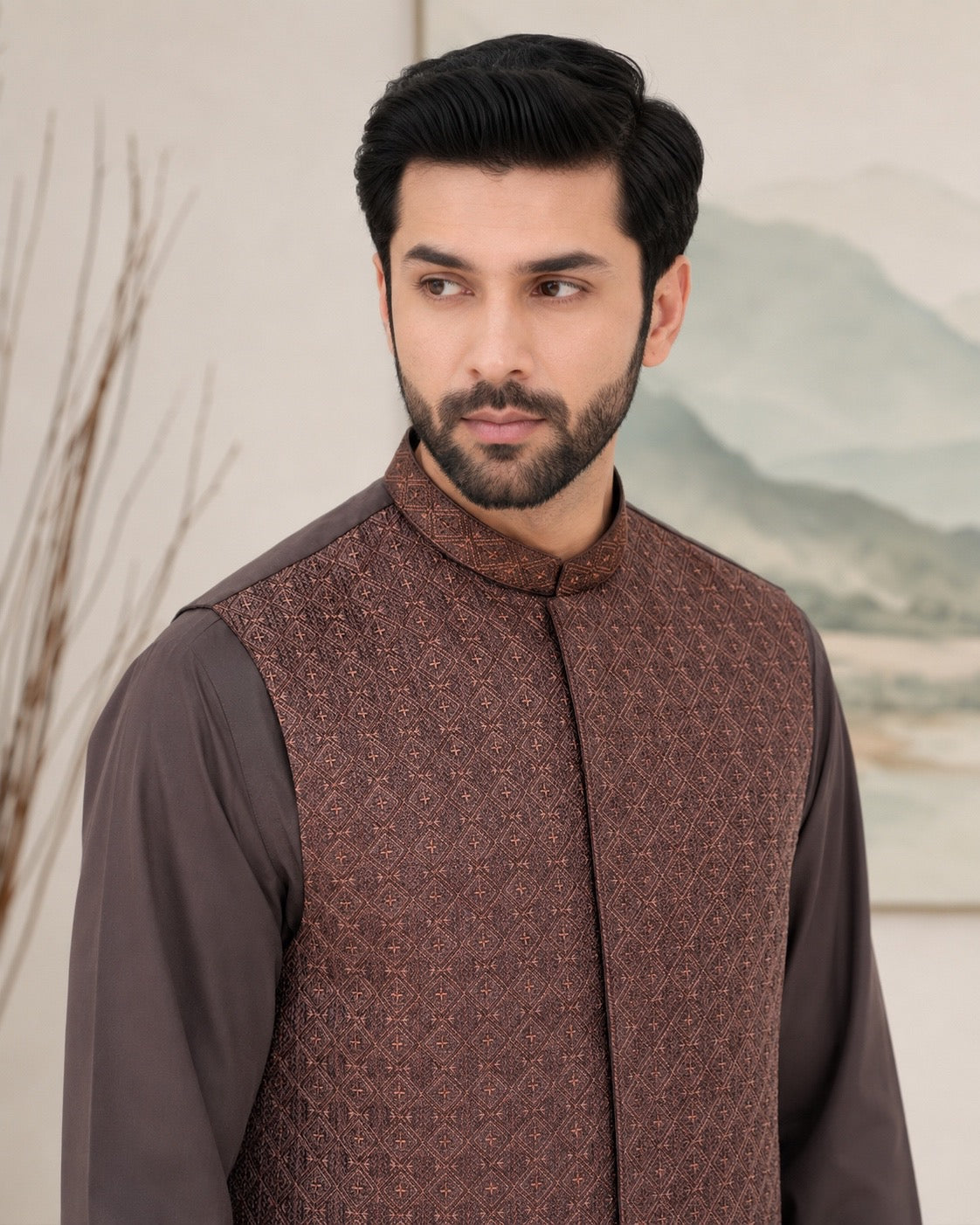 Rust Kameez Shalwar with Waist Coat