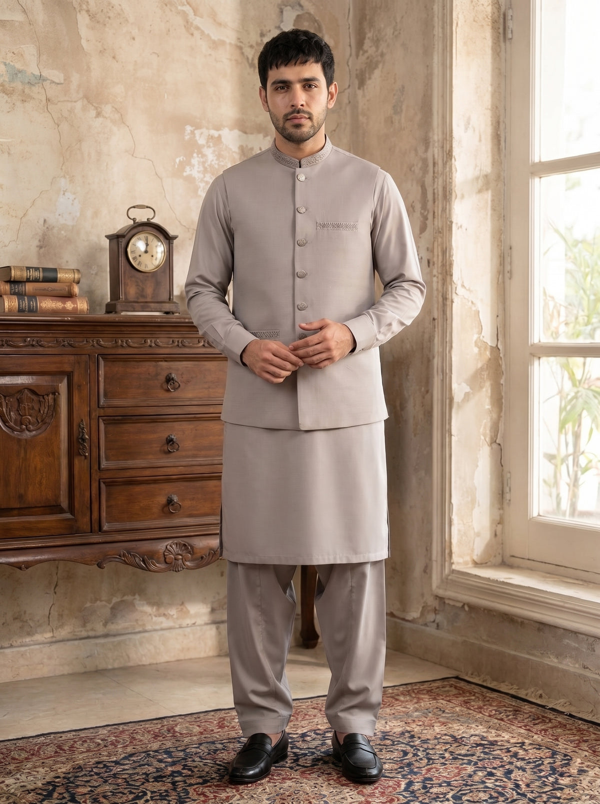 Sandstone Grey Kameez Shalwar with Waist Coat