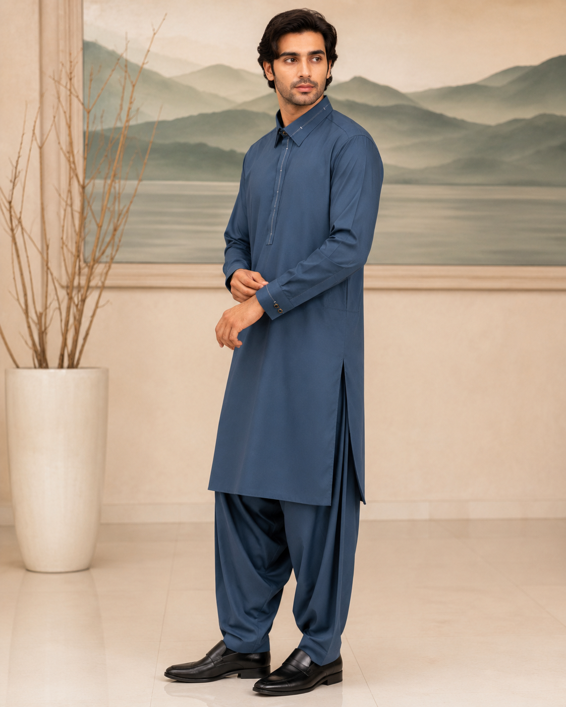 Steel Blue Wash and Wear Kameez Shalwar