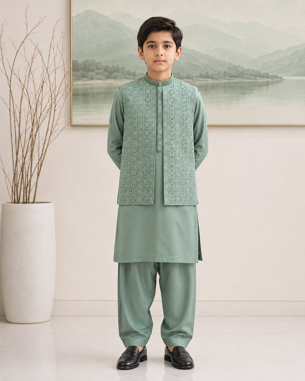 Mint Green Kameez Shalwar with Waist Coat for Boys