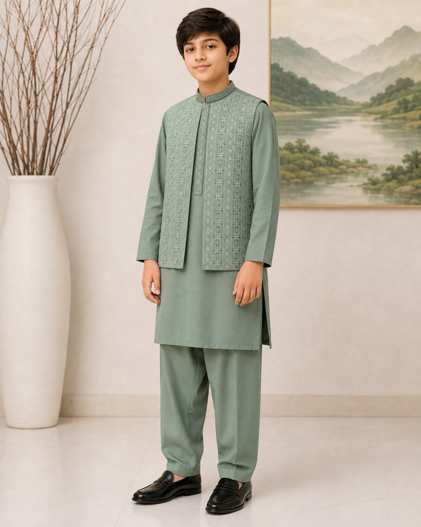 Mint Green Kameez Shalwar with Waist Coat for Boys