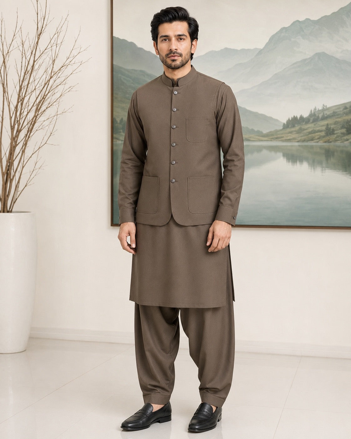 Walnut Brown Kameez Shalwar with Waist Coat