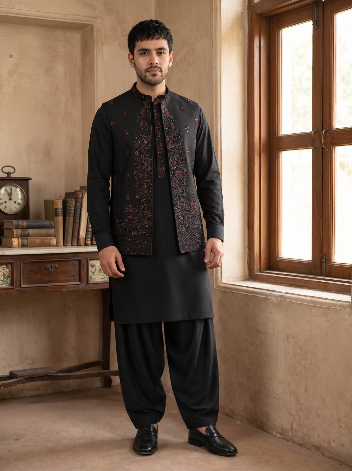 Charcoal Black Kameez Shalwar with Waist Coat