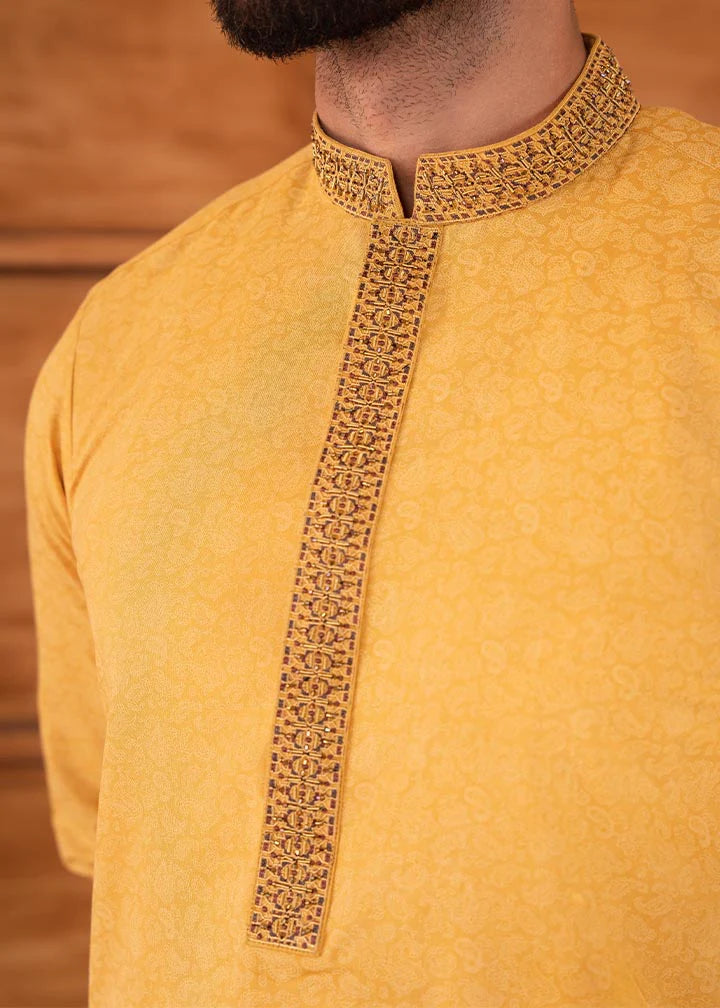 Yellow Blended Wash and Wear Kurta Pajama
