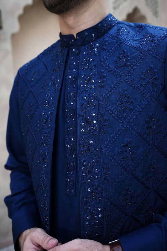 Blue Kameez Shalwar with Hand Crafted Waist Coat