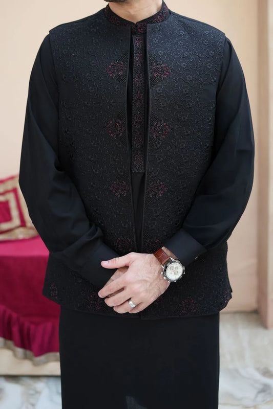 Black Kameez Shalwar with Hand Crafted Waist Coat