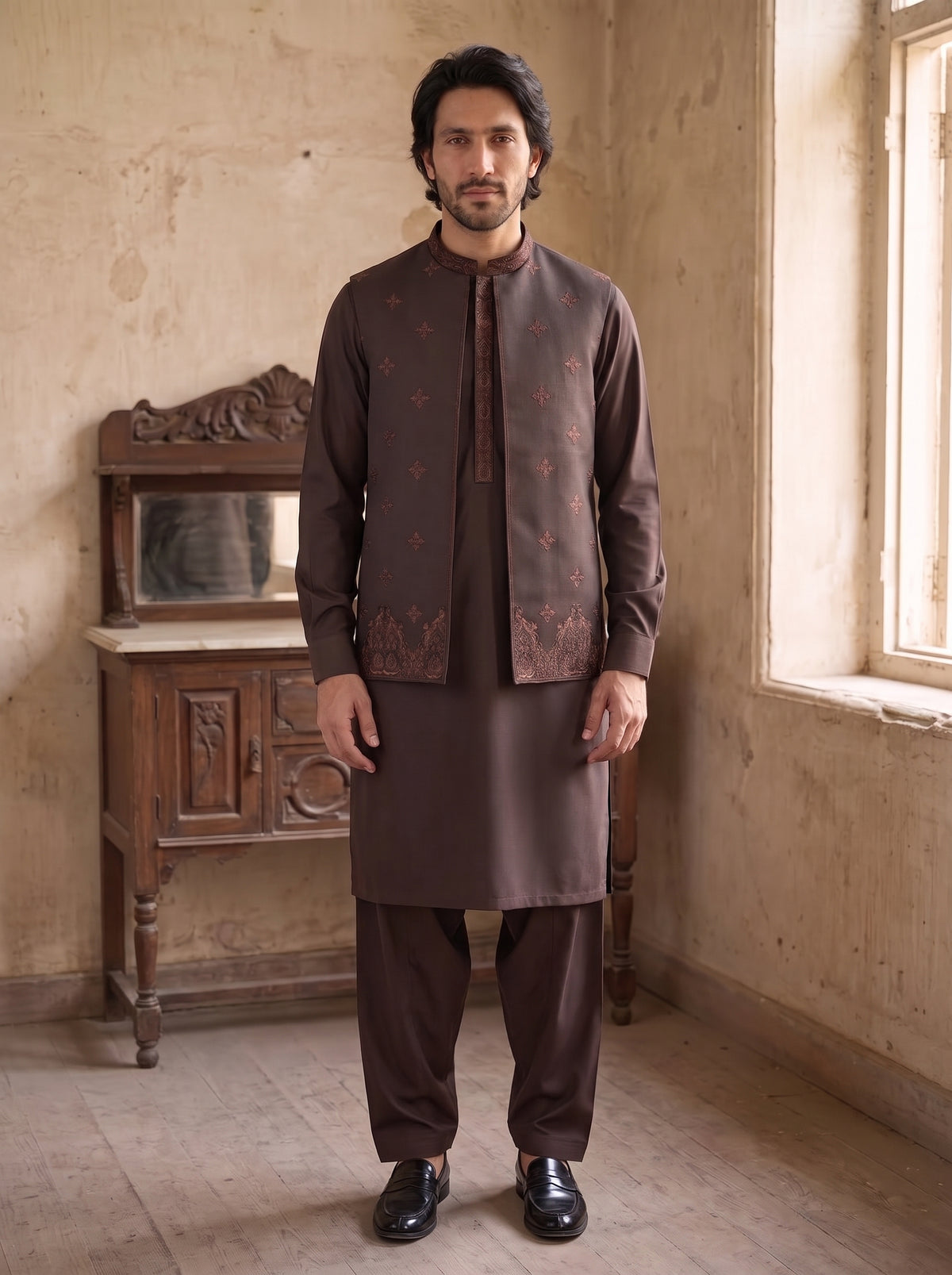 Mocha Brown Kameez Shalwar with Waist Coat