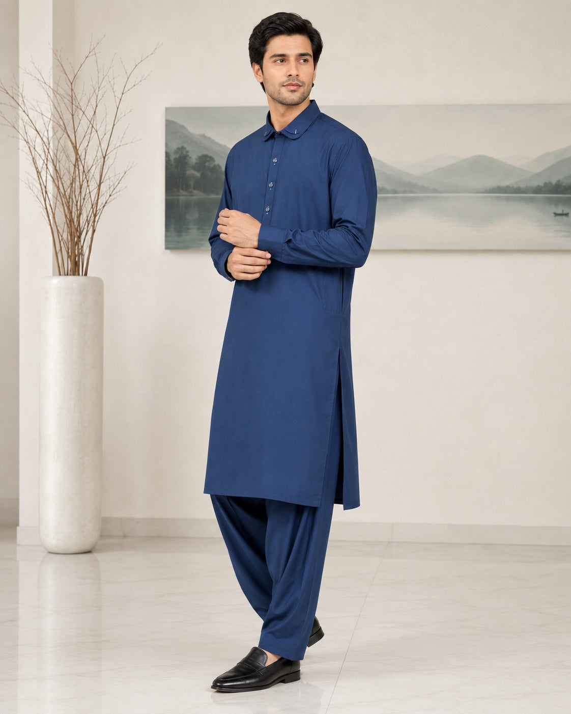 Royal Blue Wash and Wear Kameez Shalwar
