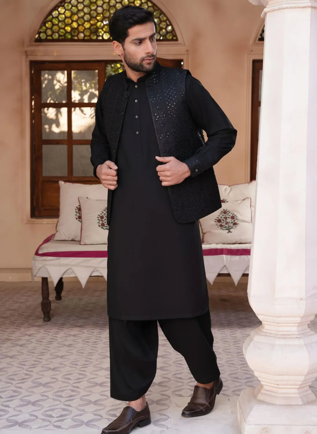 Black Kameez Shalwar with Hand Crafted Waist Coat