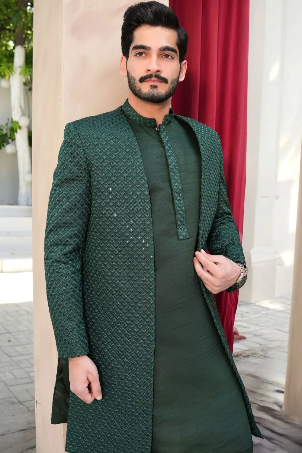 Green Sherwani Gown with Kurta Pajama