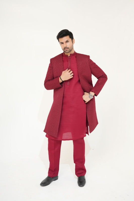 Maroon Sherwani Gown with Kurta Pajama