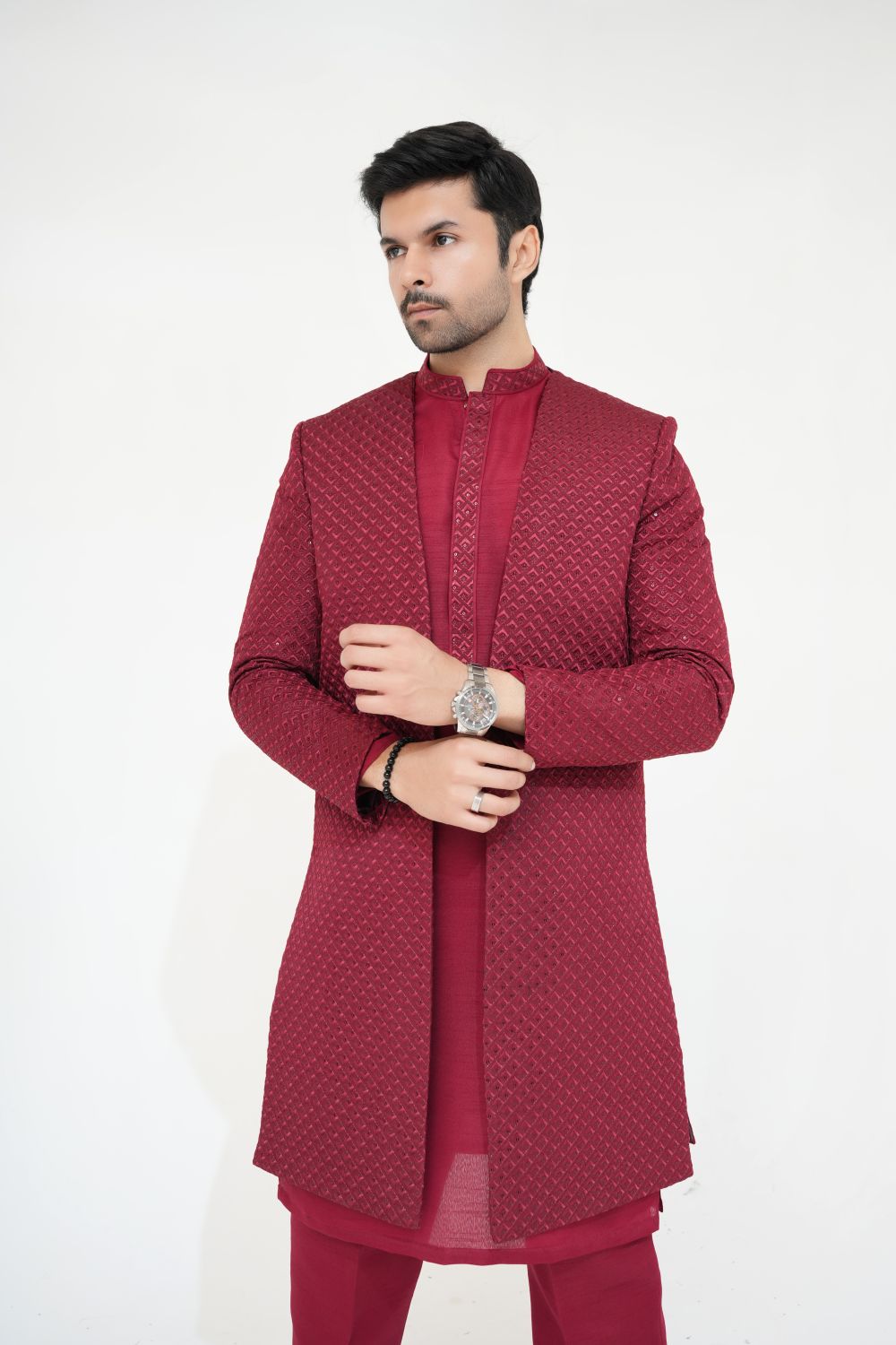 Maroon Sherwani Gown with Kurta Pajama