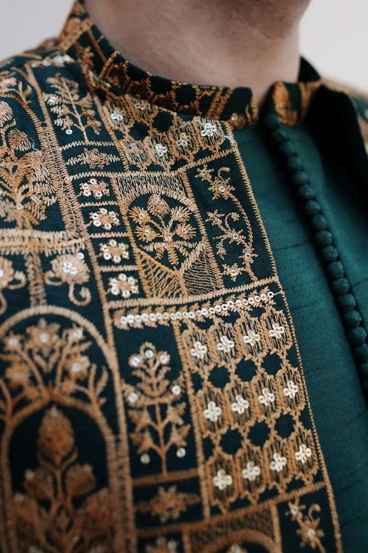 Green Double Tone Kurta Pajama with Waistcoat