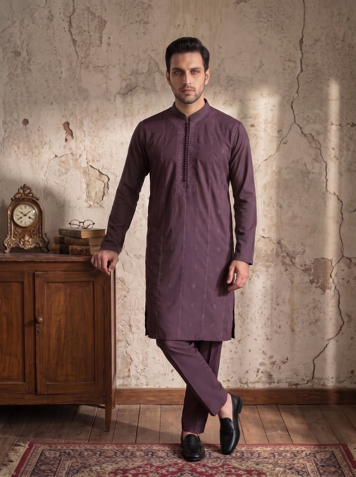 Mauve Embroidered Kurta Pajama