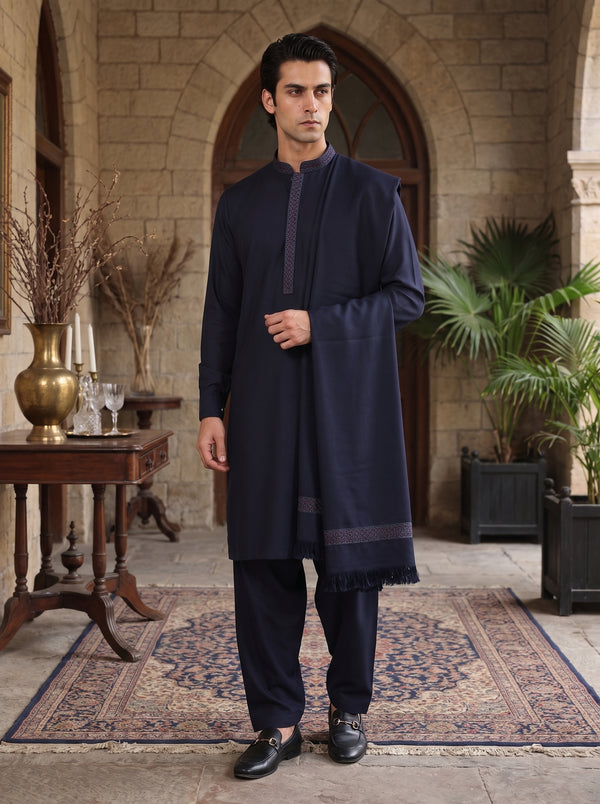 Navy Blue Woolen Shawl Suit