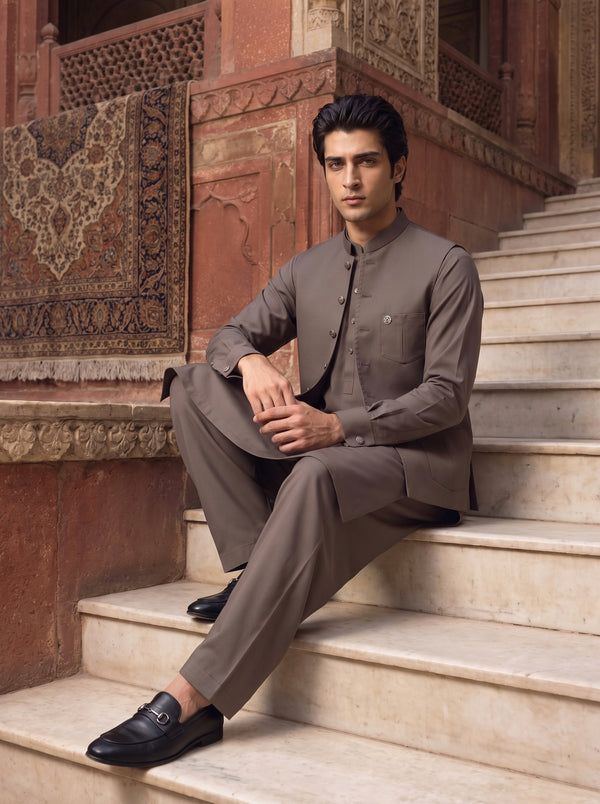 Mocha Brown Kameez Shalwar with Waist Coat