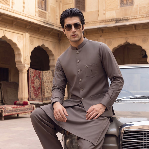 Mocha Brown Kameez Shalwar with Waist Coat
