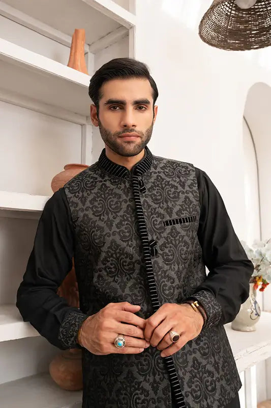 Black Kameez Shalwar with Embroidered Waist Coat