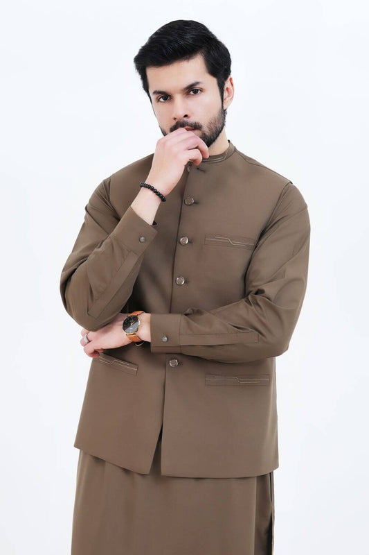 Brown Kameez Shalwar with Waist Coat