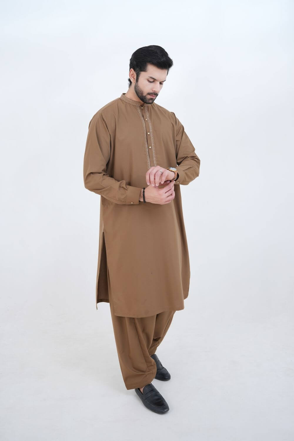 Camel Brown Boski Wash and Wear Kameez Shalwar