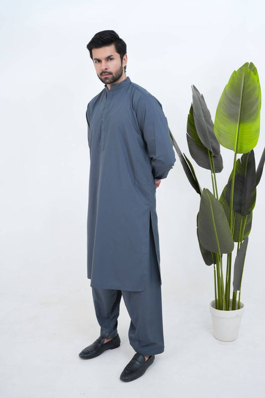 Steel Grey Boski Wash and Wear Kameez Shalwar