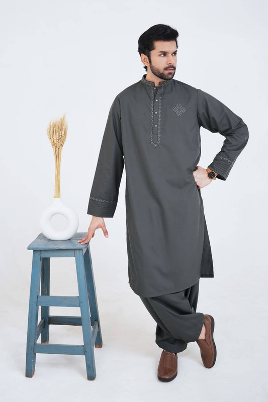 Olive Green Boski Wash and Wear Kameez Shalwar