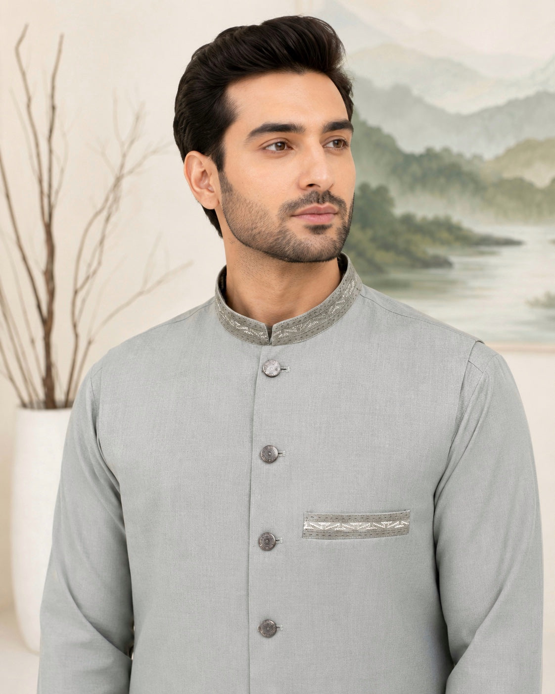 Grey Kameez Shalwar with Waist Coat