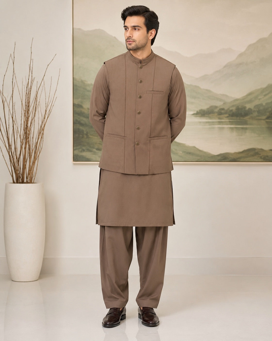 Brown Kameez Shalwar with Waist Coat