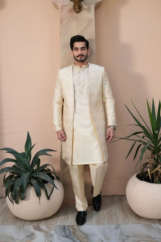 Kurta Trouser, Raw silk, fancy sherwani Cream