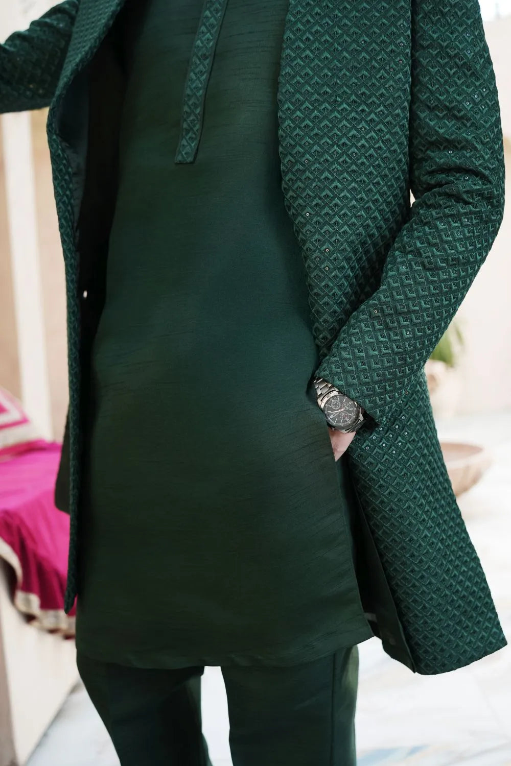 Raw silk, kurta Trouser and fancy work on sherwani gown Green