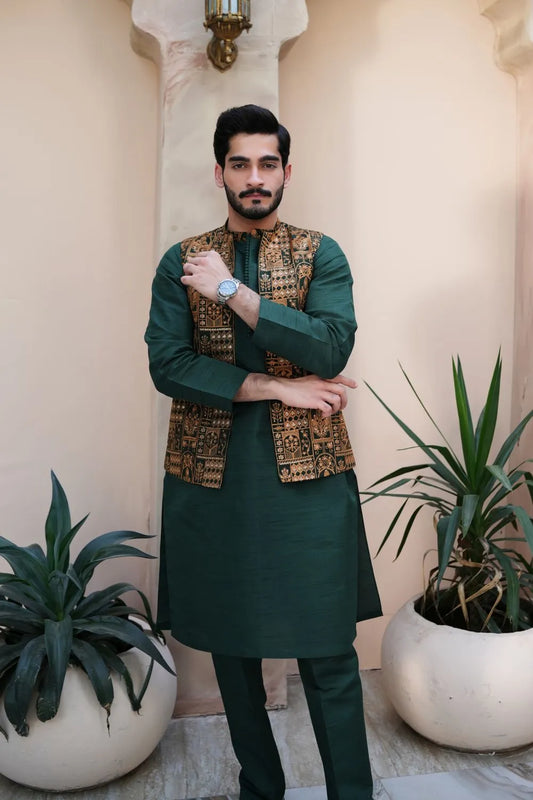 Arshad Green Double Tune Kameez Trouser with Waistcoat