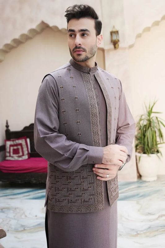 Blending Wash n Wear Kameez shalwar waistcoat Brown