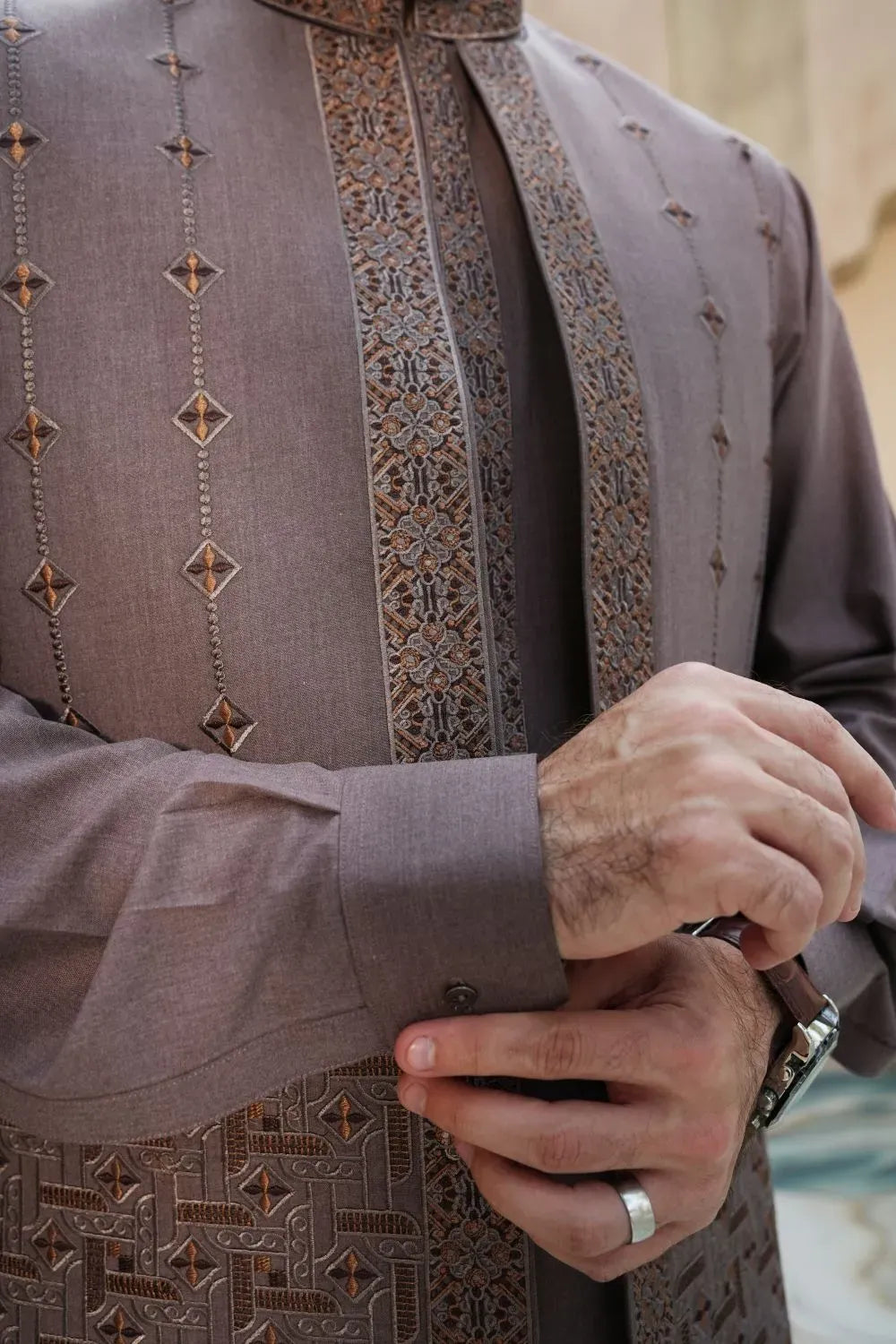 Blending Wash n Wear Kameez shalwar waistcoat Brown