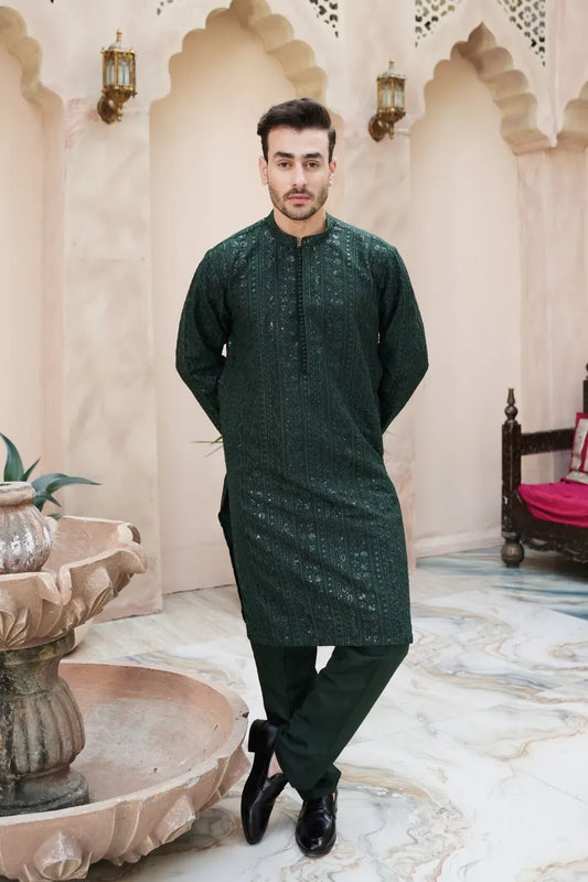 Raw silk fancy work Kurta Trouser Green