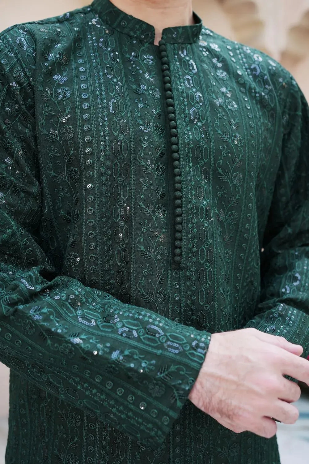 Raw silk fancy work Kurta Trouser Green