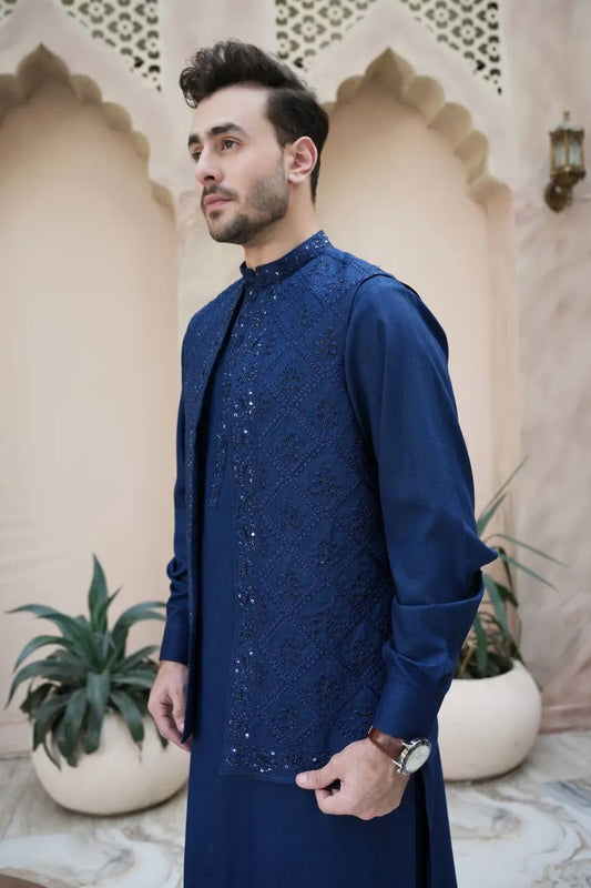 Raw silk fancy work Kurta Trouser Blue