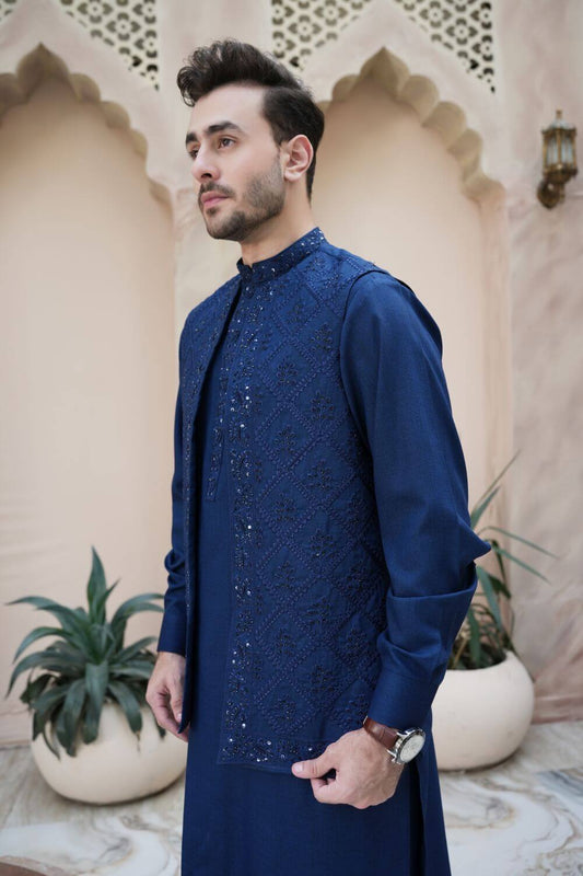 Arshad Blue Blended Kameez Shalwar with Hand Work Waistcoat