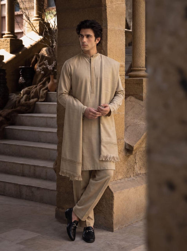 Beige Woolen Shawl Suit