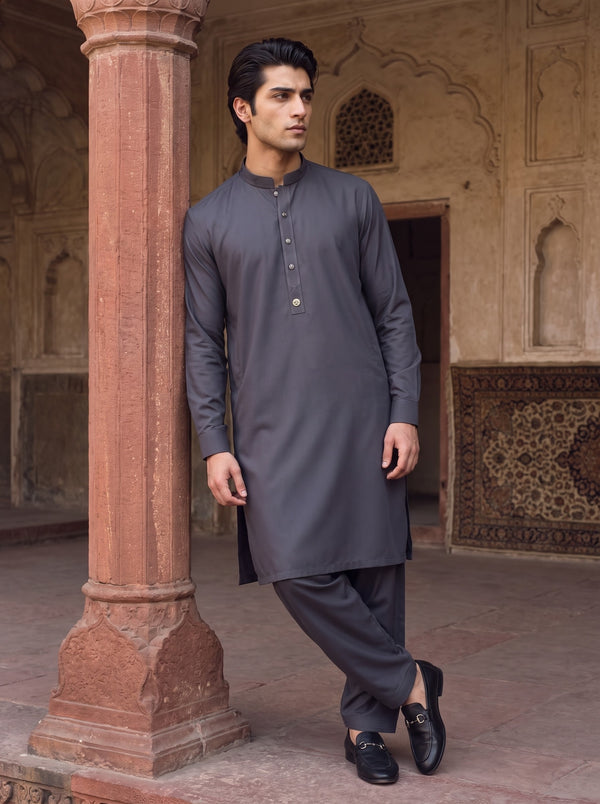 Charcoal Grey Wash and Wear Kameez Shalwar