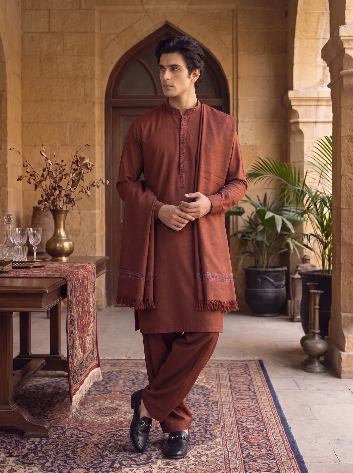 Rust Woolen Shawl Suit