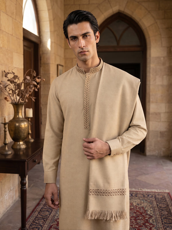 Beige Woolen Shawl Suit