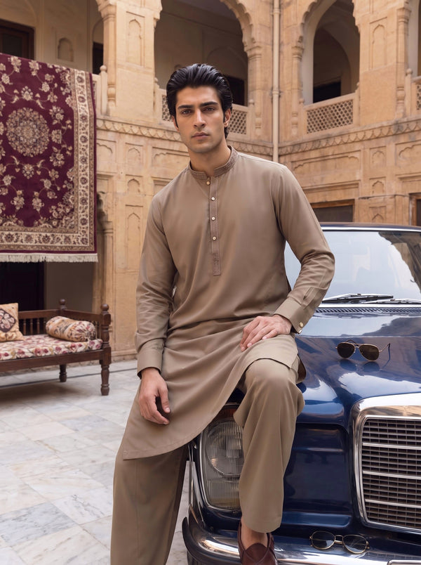 Sand Beige Wash and Wear Kameez Shalwar