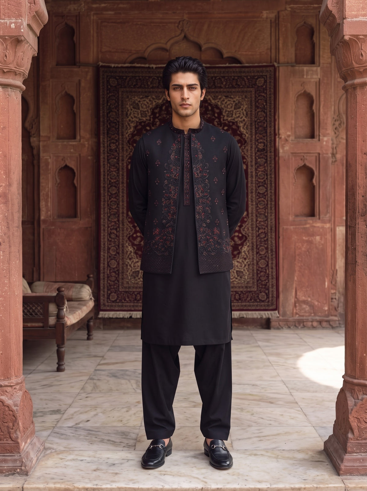 Charcoal Black Kameez Shalwar with Embroidered Waist Coat